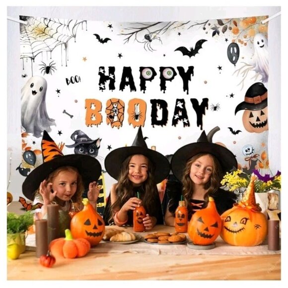 MEHOFOND Happy Booday Party Backdrop, Halloween Ghost Happy Birthday Party Decor - Picture 3 of 6